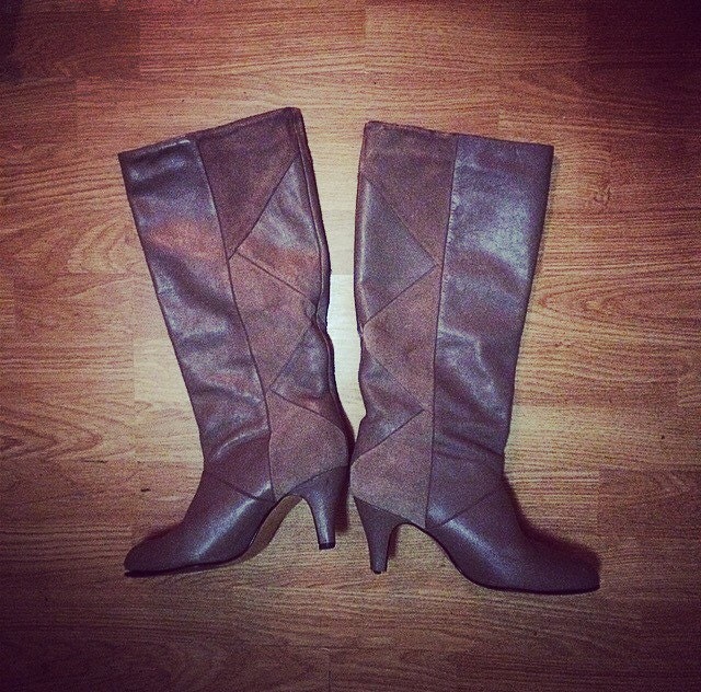 women's trendy vintage leather patchwork chunky calf boots