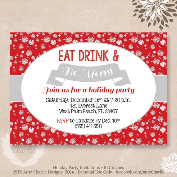 Eat Drink and Be Merry Christmas Party Invitations - Printable Christmas Party Invitations - Red Winter Snowflake Invitations Il_570xn