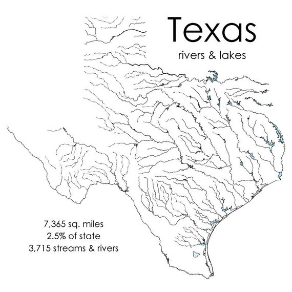 Items similar to Texas Rivers and Lakes Map - Water of Texas on Etsy