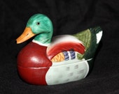 Vintage 2-Piece Hand Painted Miniature Mallard Duck Candle Holder Trinket Box "The Mallard" Keepsake Fragrances