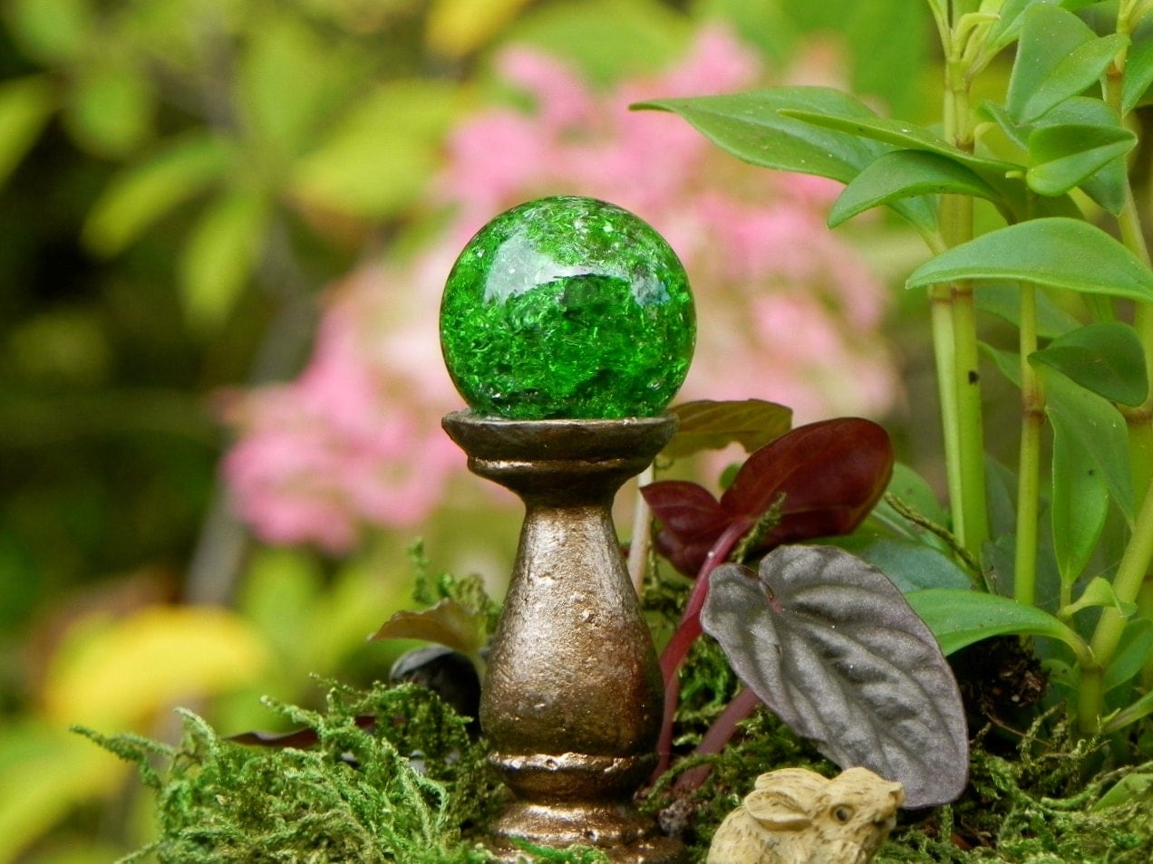 Fairy Garden Gazing Ball Miniature Crackle Emerald Green for