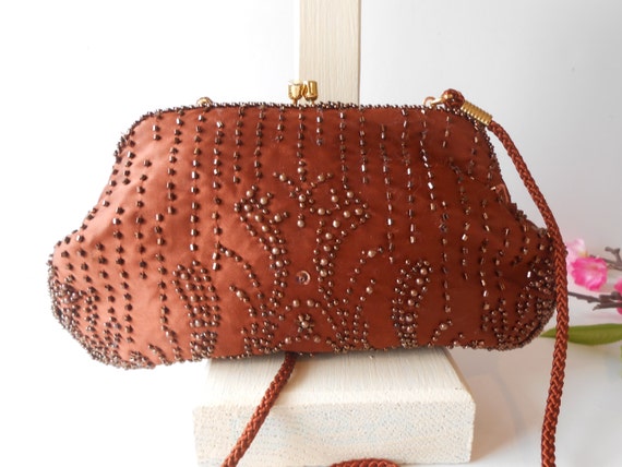 Bronze Beaded Evening Bag Vintage Beaded Clutch Handbag Glamorous ...