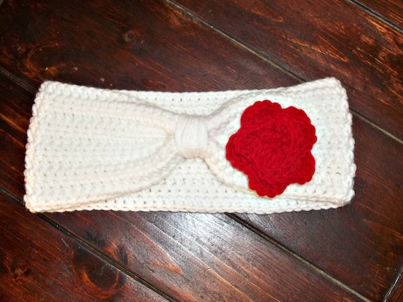 Crochet Women's Ear Warmer - White with Red Rose - Winter Accessories
