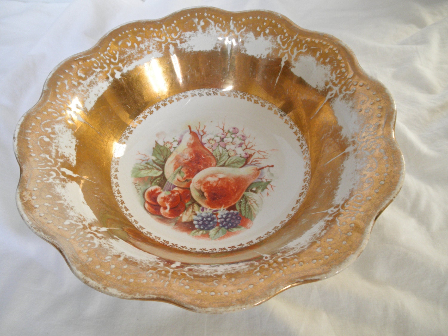 Vintage Gold Gilt Bowl Hand Painted Porcelain Antique Serving Dish Home
