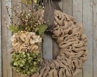 Earth Tone Hydrangea Wreath--Burlap Hydrangea Wreath--Grapevine Wreath--Rattan Wreath--Hydrangea Wreath--Spring Hydrangea Wreath