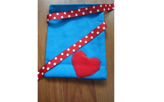 Red Heart on Blue Reusable Gift Fabric Bag with Polka Dot Ribbon Tie