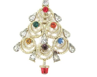 Vintage Christmas Brooch, 1960's Gold Rhinestone Christmas Tree Brooch, Christmas Tree Pin, Holiday, Christmas Jewelry