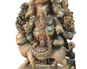 Hindu Ganesh Wooden Sculpture Panchmukha Face Ganesha Statue Meditation Temple Carving 38 Inch