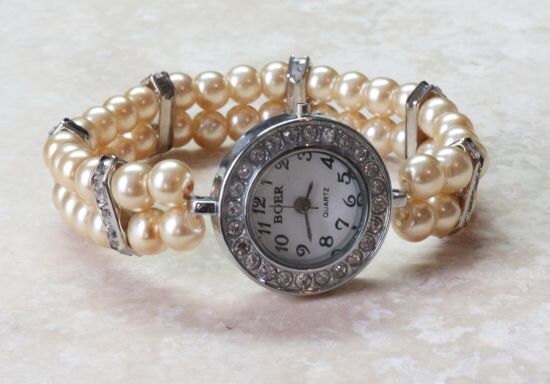 Gold Pearl Watch Beaded Bracelet Watch Brides by JewelryTarget