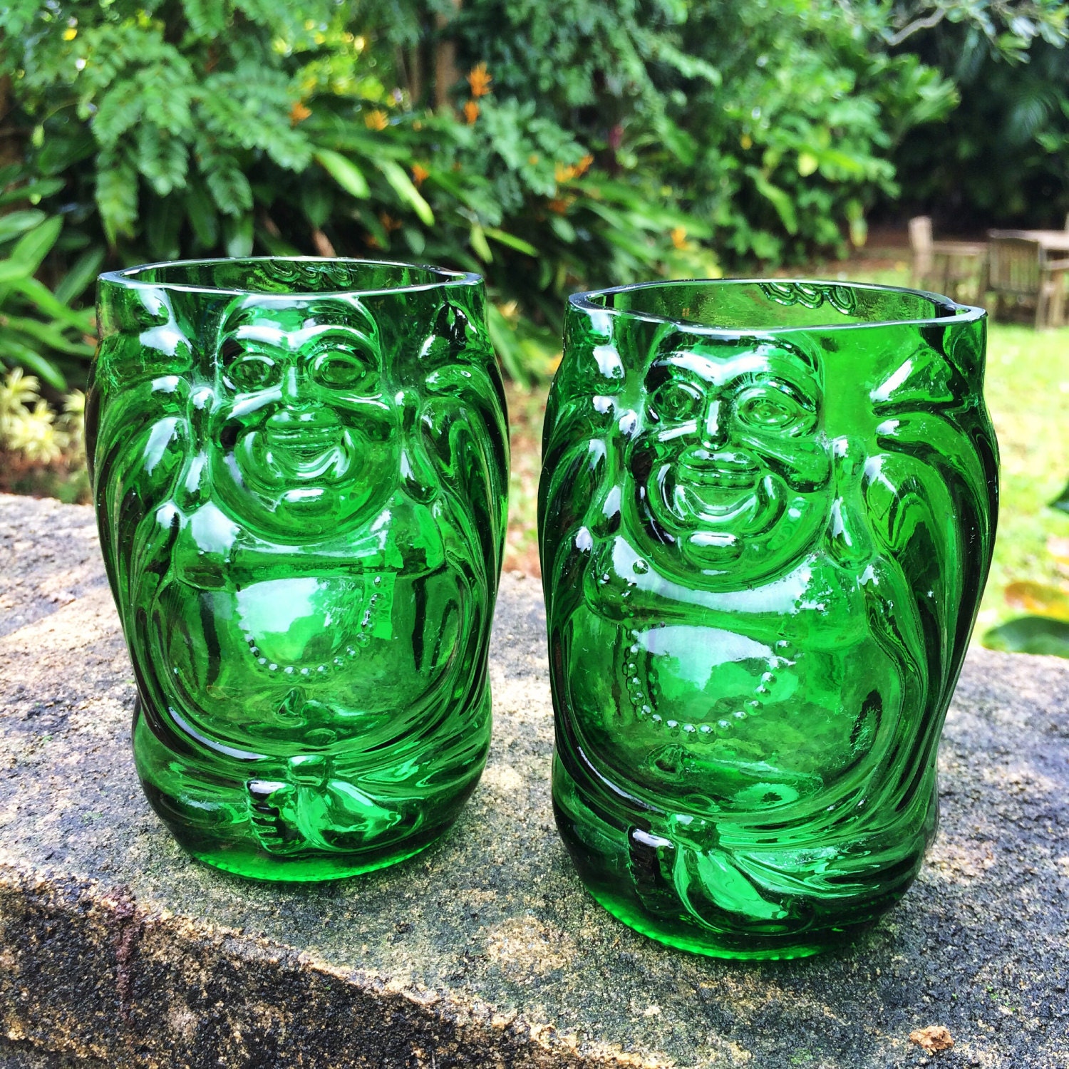 Green Lucky Buddha beer bottle glasses Set of 2
