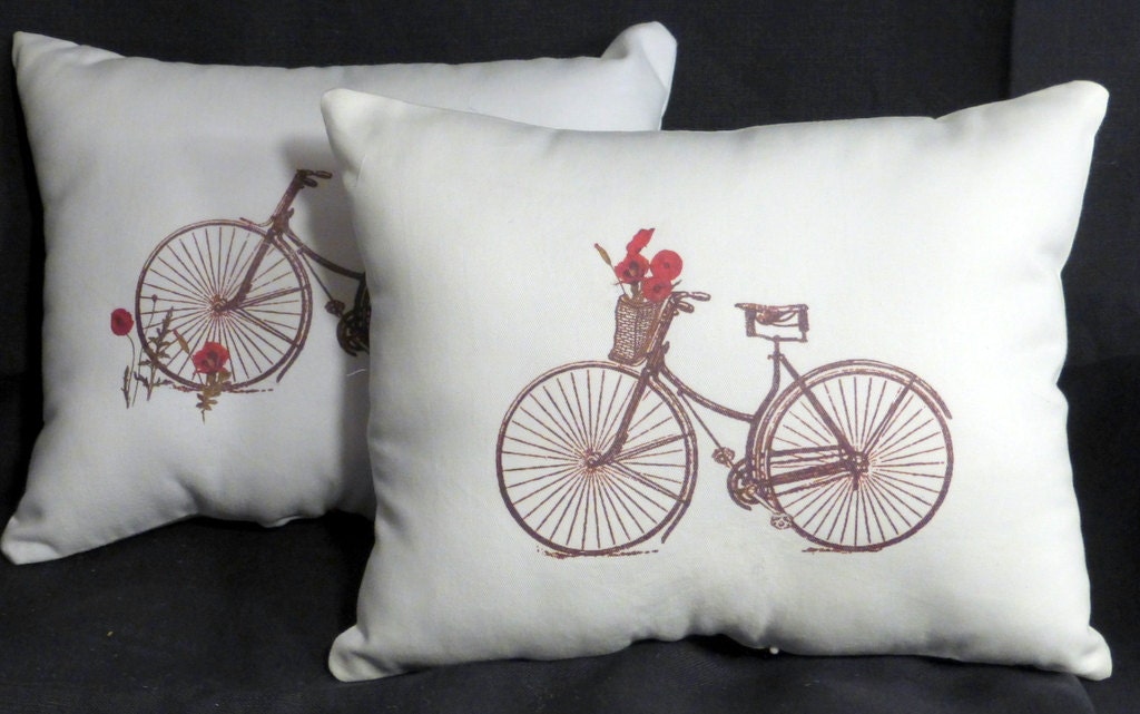 Vintage Bicycle Pillow Red Poppies 10x13 stuffed ready to