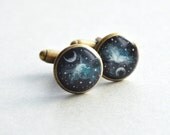 FREE SHIPPING! hand painted, cufflinks nebula, turquoise galaxy, space cufflinks, black white blue, mens cuff links, unique cufflinks
