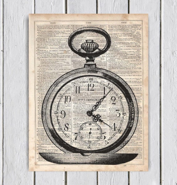 Vintage Open Clock Dictionary Art Print Upcycled Book Art
