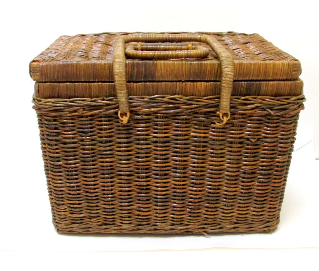 Vintage Wicker Picnic Basket with Wine by CreekLifeTreasures
