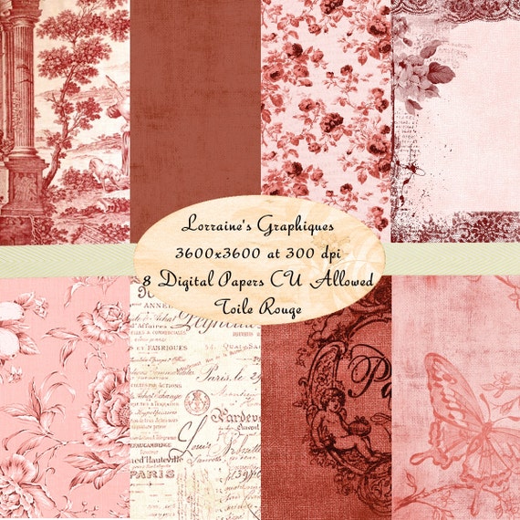 Download Shabby Chic Digital Paper Kit Toile Red Printable