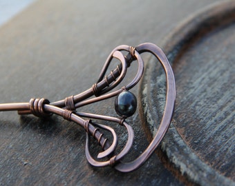Hair stick, hair fork, hair pin, Copper and peacock pearl hair stick "Night by the sea", wire wrap hair accesories