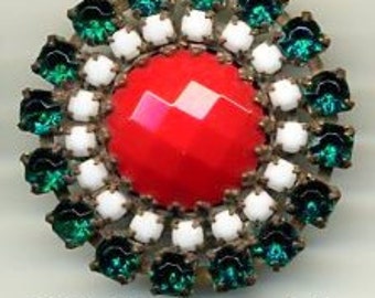 Czech glass rhinestone button - red stone with white and green rhinestones - size 15, 33mm RS 42