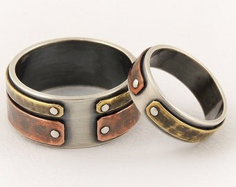 Unique engagement rings set - wedding band set,wedding ring set,engagement gift idea,mixed metal ring,unique wedding ring set