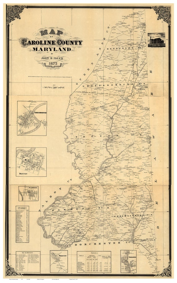 Caroline County Maryland 1875 By John B. Isler Old Wall Map