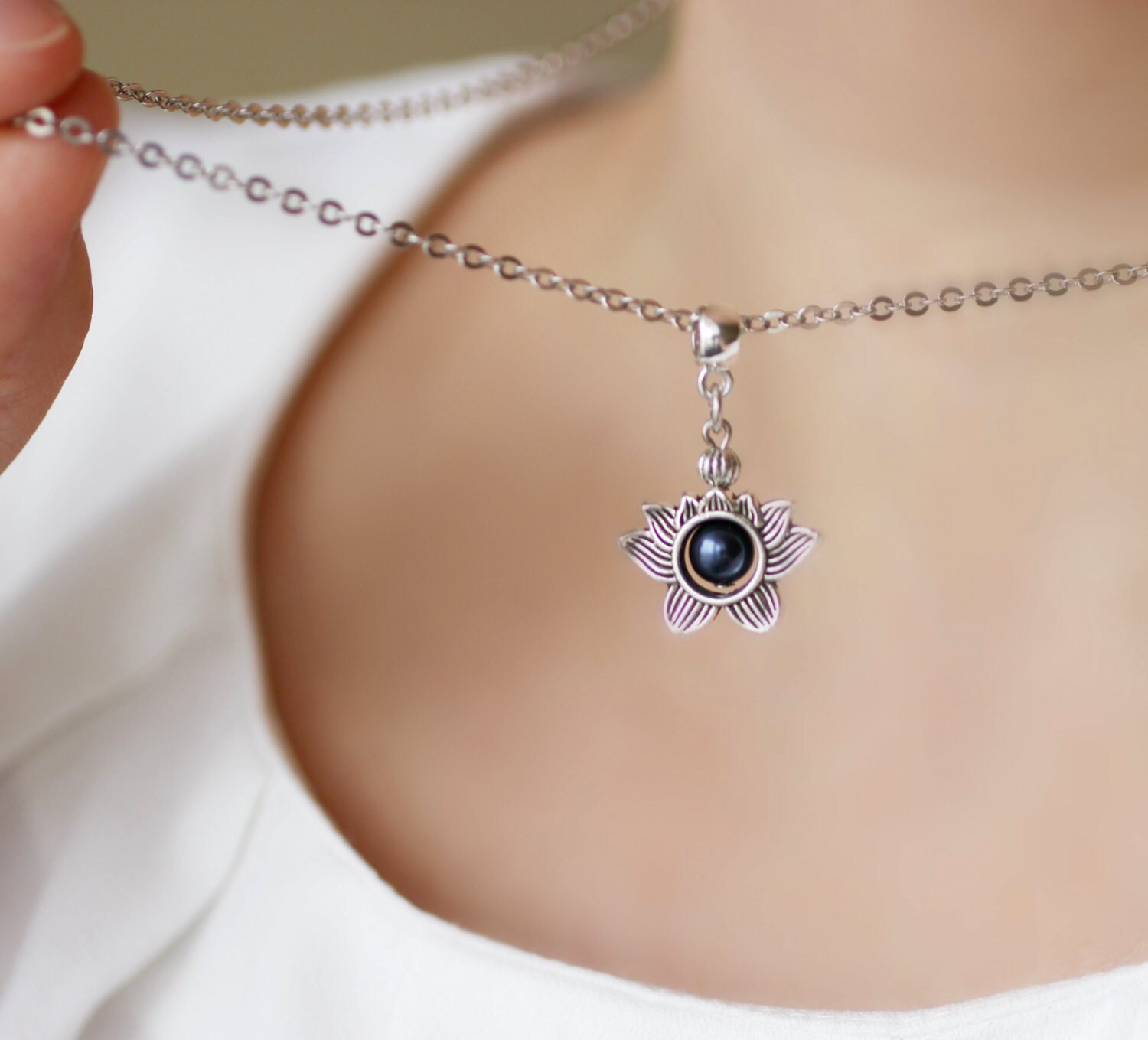 Lotus Necklace Lotus Pendant Lotus Pearl Necklace Silver