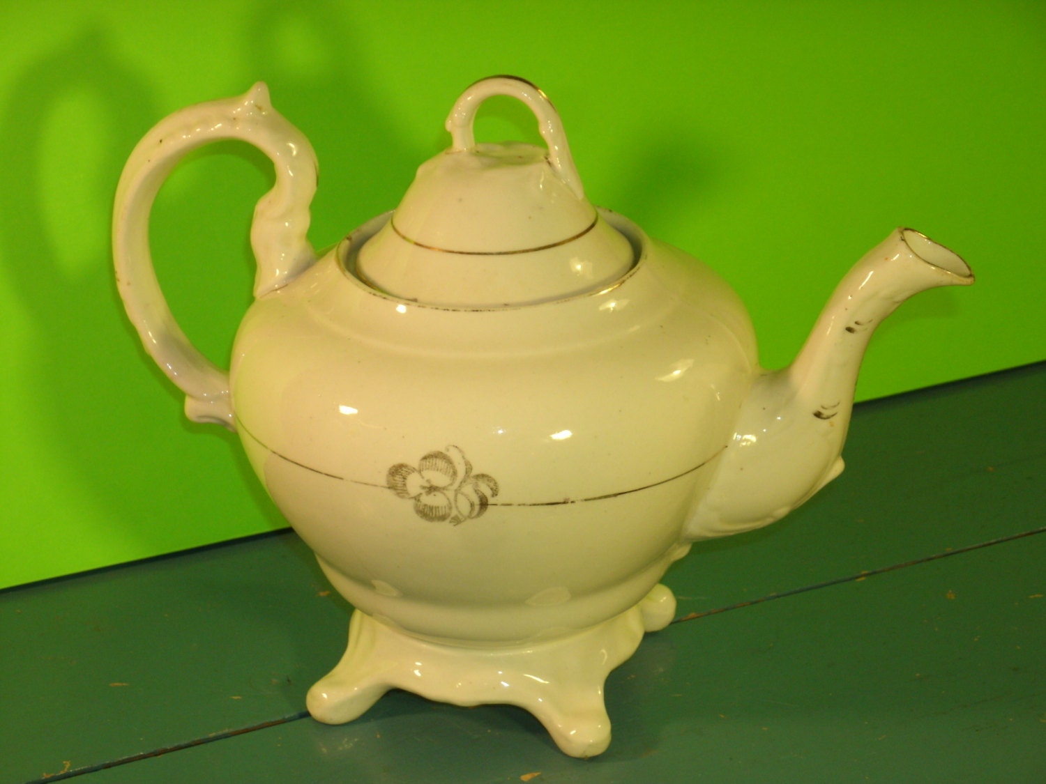 Large Antique Footed Pedestal Base Teapot China Ceramic Goose Neck