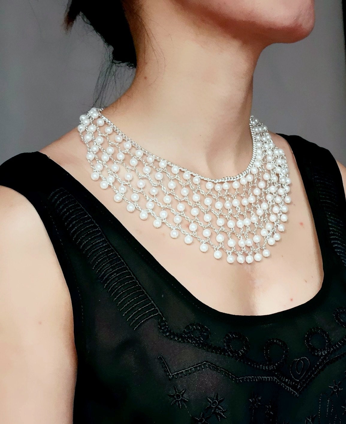 large white pearls beaded bib necklace //bridal by LaceFancy