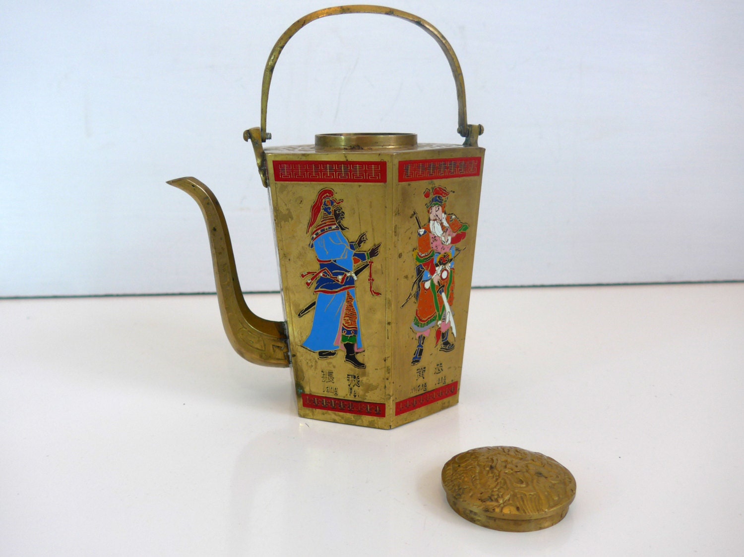 Teapot Vintage Brass Chinese Teapot Hexagonal Shape w/ Enameled Figures