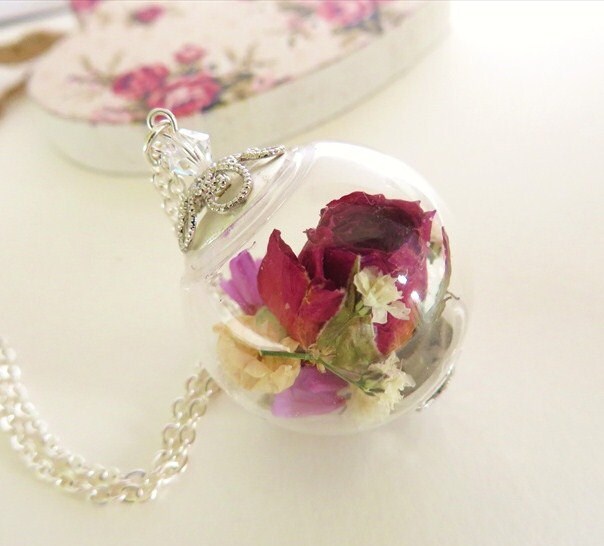 Real Rose Necklace Pink Rose Real Flower Jewelry Rose 0898