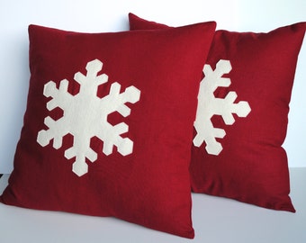 Two red linen 16x16 Snowflake Christmas Pillow covers, holiday pillow, decorative pillow, cushion, Christmas decoration