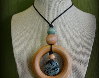 Laughing Jasper Nursing Necklace with 2.5in Organic Maple Teether and Hand-dyed Maple Bead