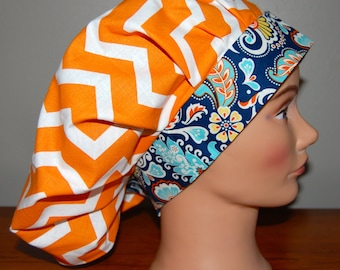 Women's Surgical Bouffant Scrub Cap, Chemo Cap, Orange/White Chevron, Navy Aqua Yellow Large Paisley. Velcro Closure, One size fits most
