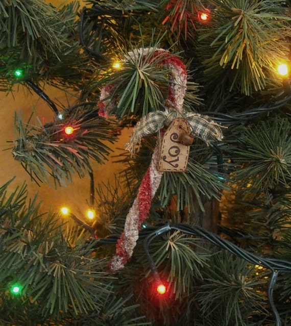 Primitive Candy Cane Christmas Ornaments Set 5 Joy Noel Rusty Bell Hang Tag Holiday Decor