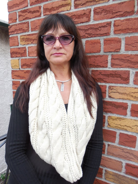 Items similar to White knit wide and long infinity scarf, fashion knit