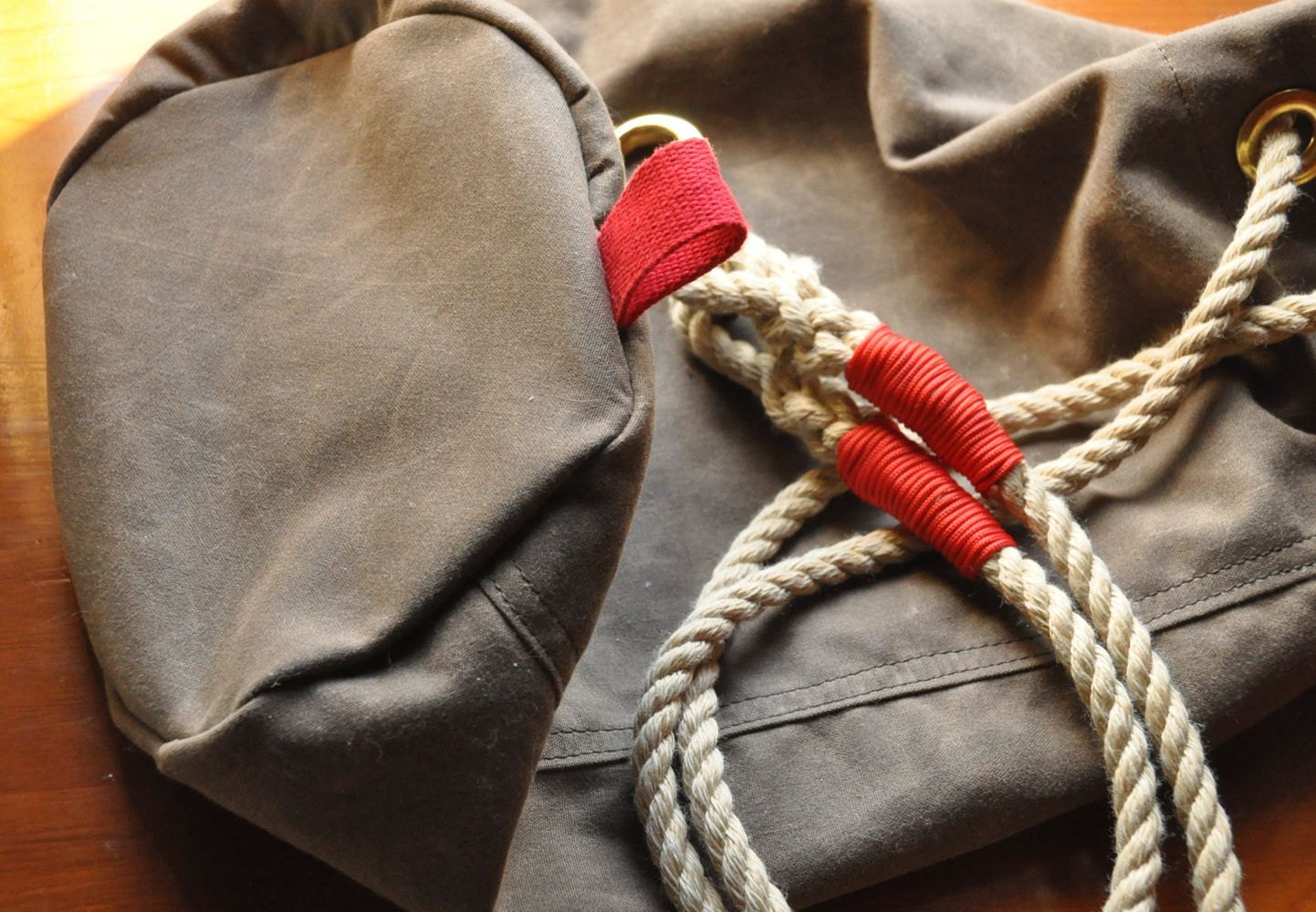 Waxed canvas Ditty Bag. Brown with bluewhite wool lining.