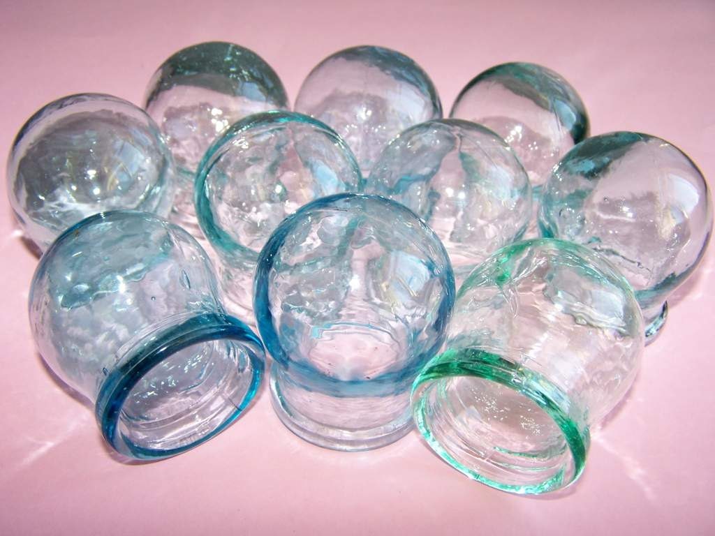 Set of 10 Vintage Blue Glass Massage Cups for Chinese Massage