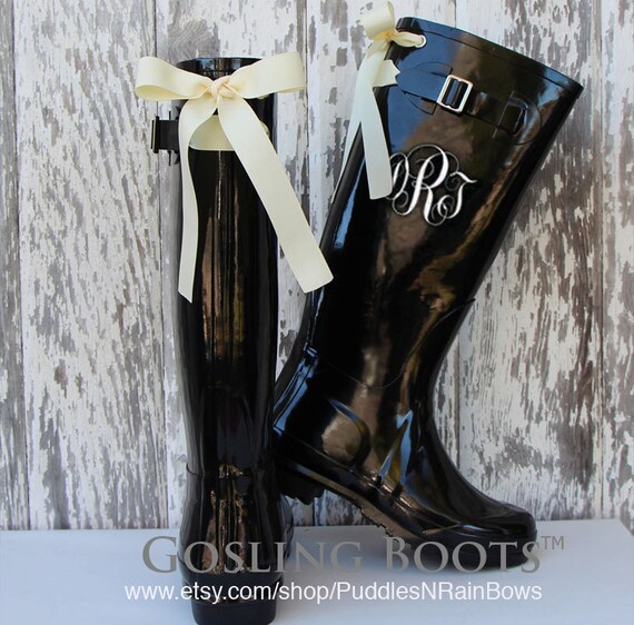 Monogram Black Rain boots Ivory Bows by GoslingBoots on Etsy