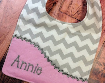 Grey Chevron Personalized Bib, - Monogrammed Bib, - Reversible Embroidered Baby Bib, - Baby Shower Gift