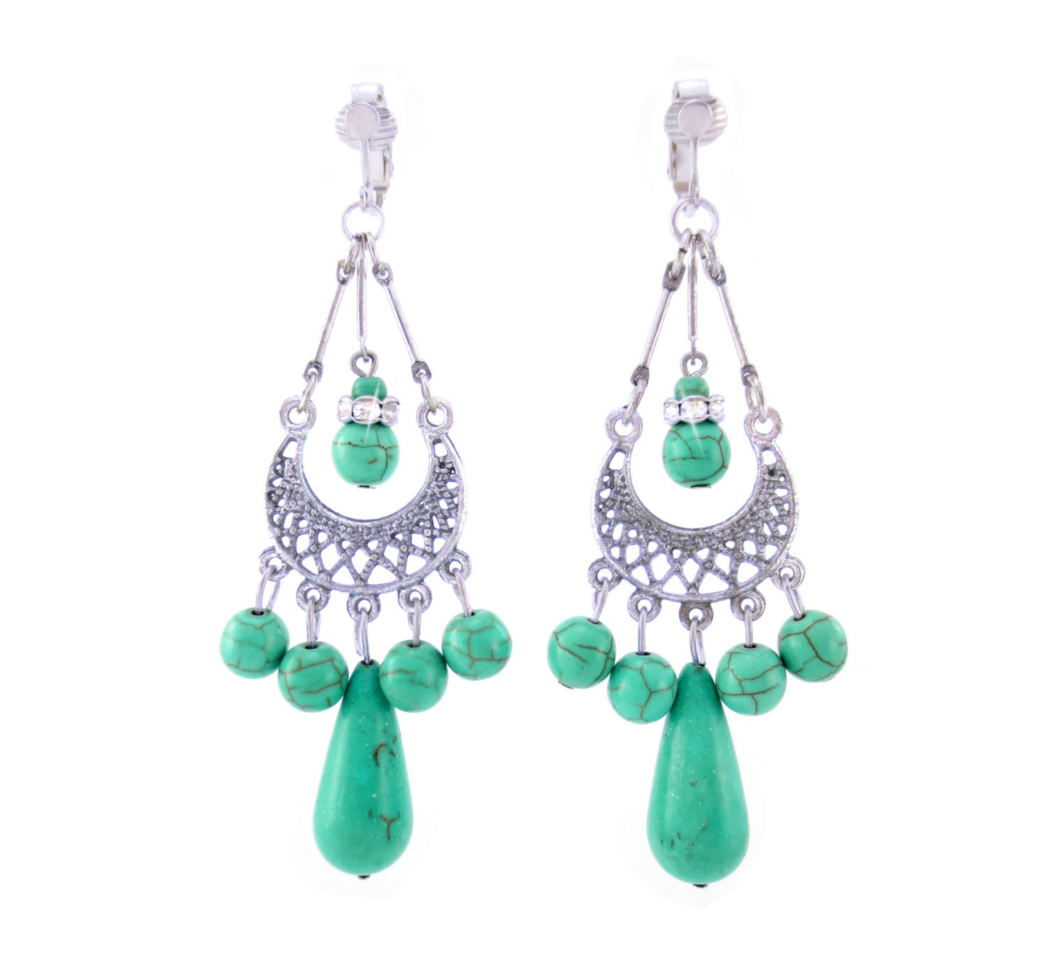 Morroccan Long Dangle Clip on Earrings Silver and by ClipsAndSugar