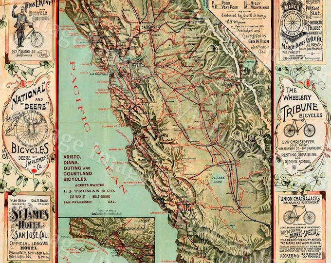 Old California Map, California Bicycle Map 1895 Vintage California map, cycling map, Antique California wall Map, Fine art Print Poster