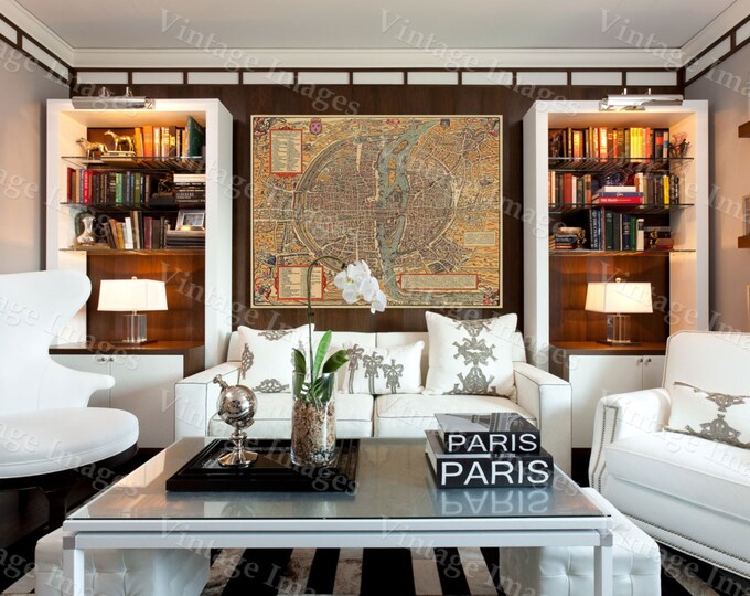 Vintage map of Paris Historic 1575 PLAN DE PARIS France restoration hardware style Map six sizes up to 43" x 58' Fine art Print Home Decor