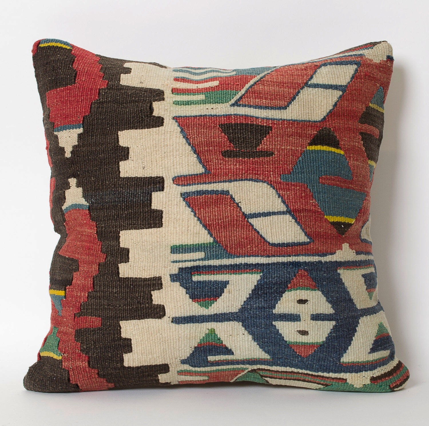 Vintage Kilim Pillow Cover Red Navy Blue Green Ivory Tribal