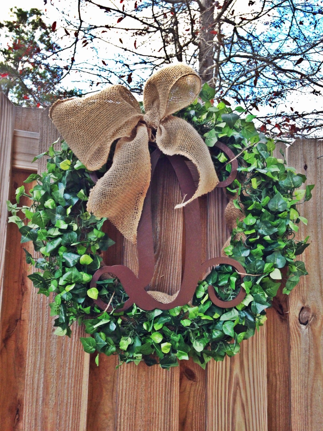 Monogram Initial Boxwood Wreath with Burlap Bow ~ Fall Decor ~ Wedding Wreath