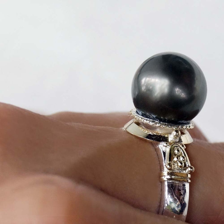 Large Black Tahitian Pearl Engagement Ring Silver 925 By Pancali