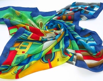 Bright Hundertwasser silk scarf. Rainbow scarf Hand painted silk scarf in red, green, blue painted silk. Batik scarf silk painting. Shawl