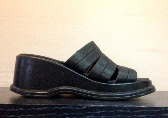 1990s Black Platform Wedge Sandals 90s Slip On by faroutofsight
