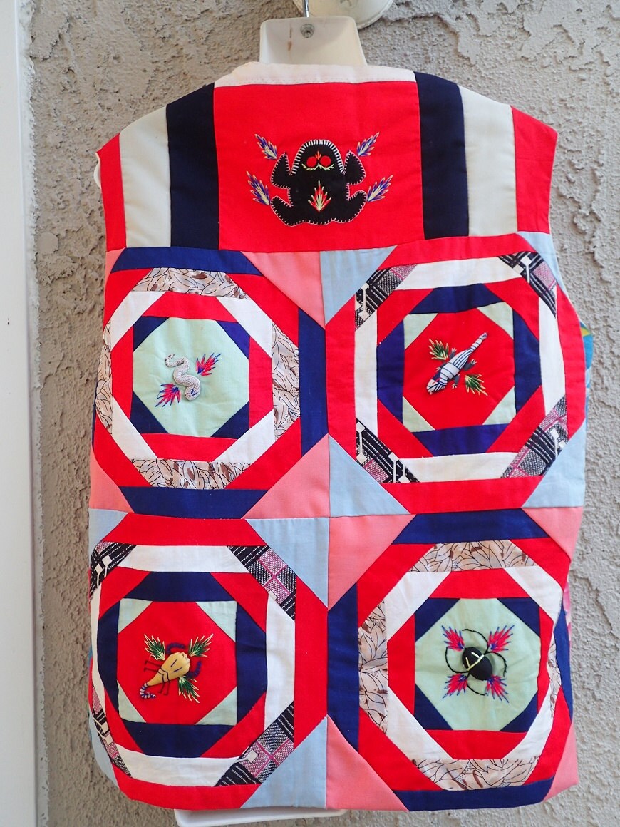 Funky Folk Art Womens Vintage Vest with MultiColored Fabric