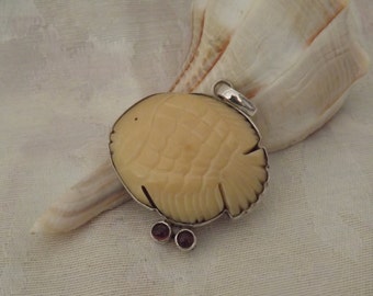 Estate Carved Bone, Fish, in Sterling Silver, Pendant