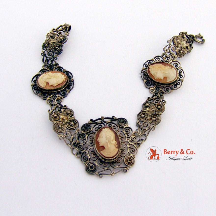 Vintage Cameo Filigree Bracelet 800 Silver Shell