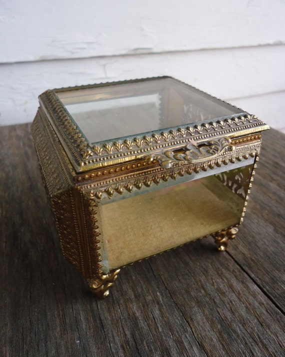 Beveled Glass And Brass Trinket Box 9851