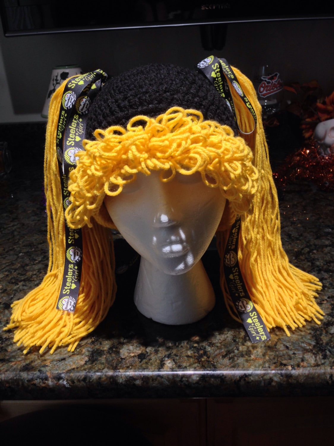 Pittsburgh Steelers Crochet Hat With Pigtails Black and Gold